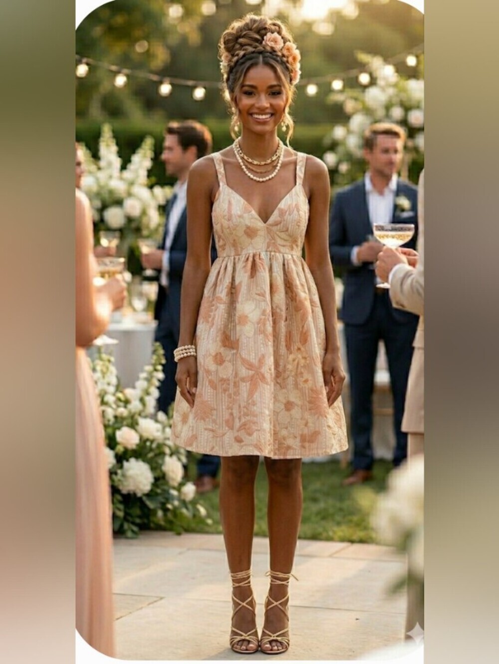 Homecoming Rush Dress Mini Floral Embroidered Gold Beige Medium